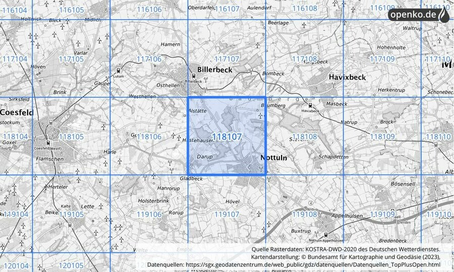 Übersichtskarte des KOSTRA-DWD-2020-Rasterfeldes Nr. 118107