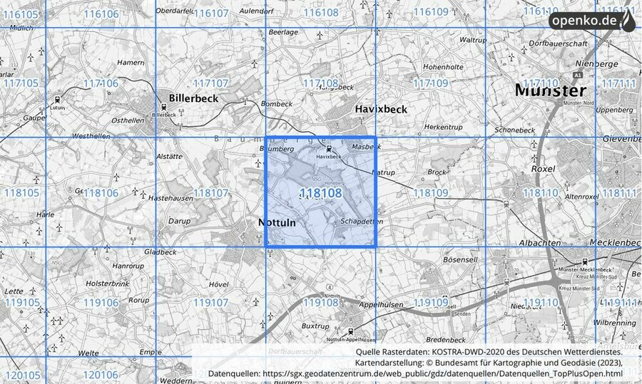 Übersichtskarte des KOSTRA-DWD-2020-Rasterfeldes Nr. 118108