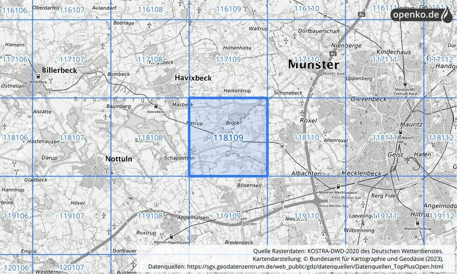 Übersichtskarte des KOSTRA-DWD-2020-Rasterfeldes Nr. 118109