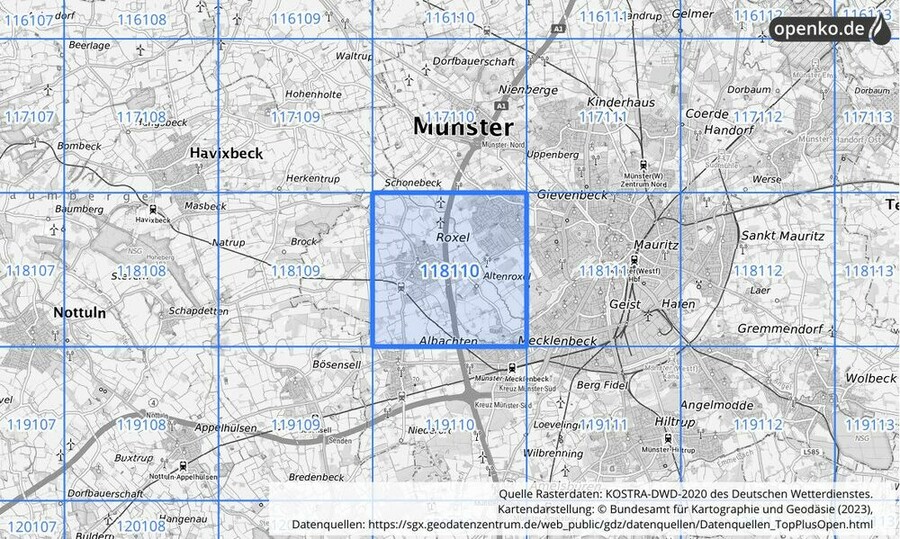 Übersichtskarte des KOSTRA-DWD-2020-Rasterfeldes Nr. 118110