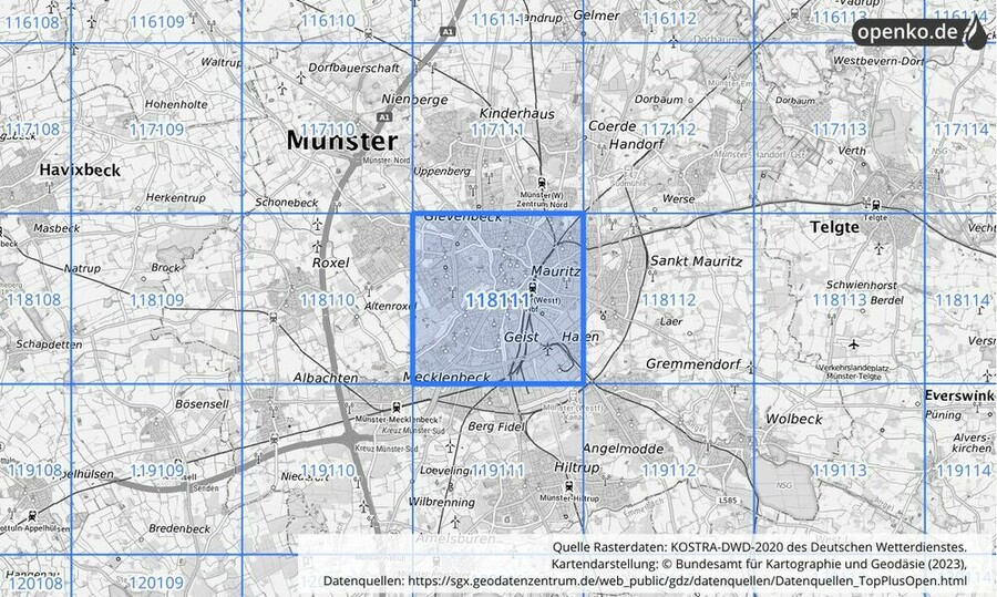 Übersichtskarte des KOSTRA-DWD-2020-Rasterfeldes Nr. 118111