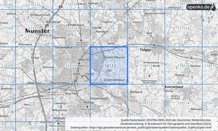 Übersichtskarte des KOSTRA-DWD-2020-Rasterfeldes Nr. 118112