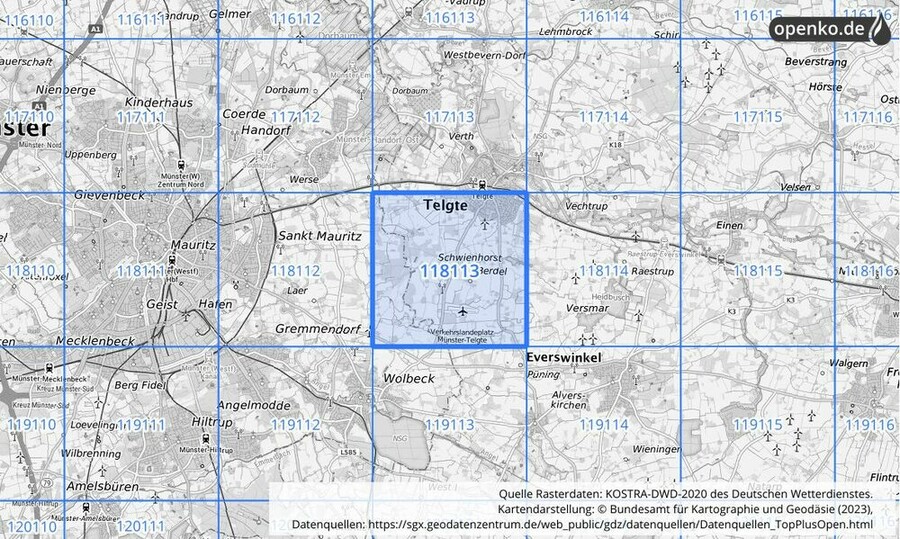 Übersichtskarte des KOSTRA-DWD-2020-Rasterfeldes Nr. 118113