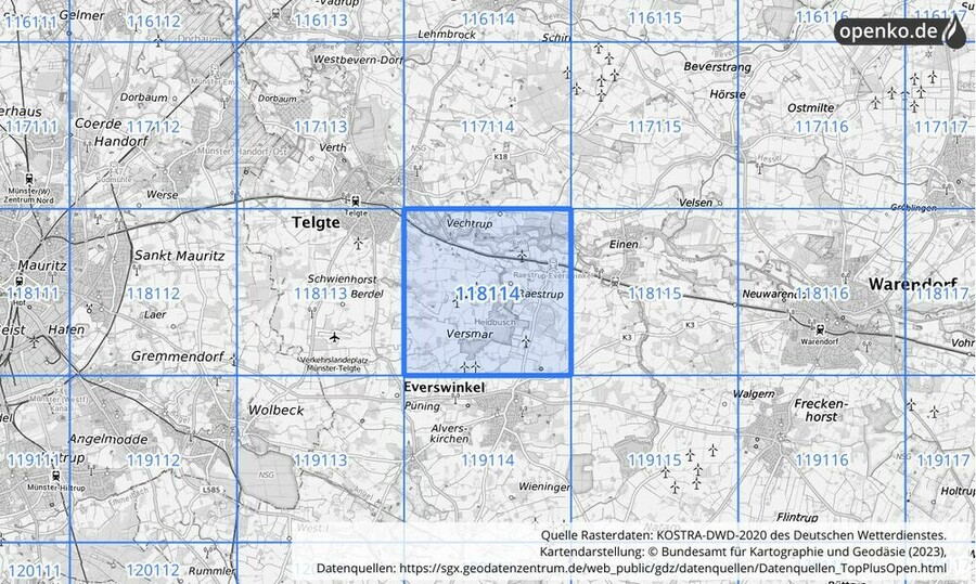 Übersichtskarte des KOSTRA-DWD-2020-Rasterfeldes Nr. 118114