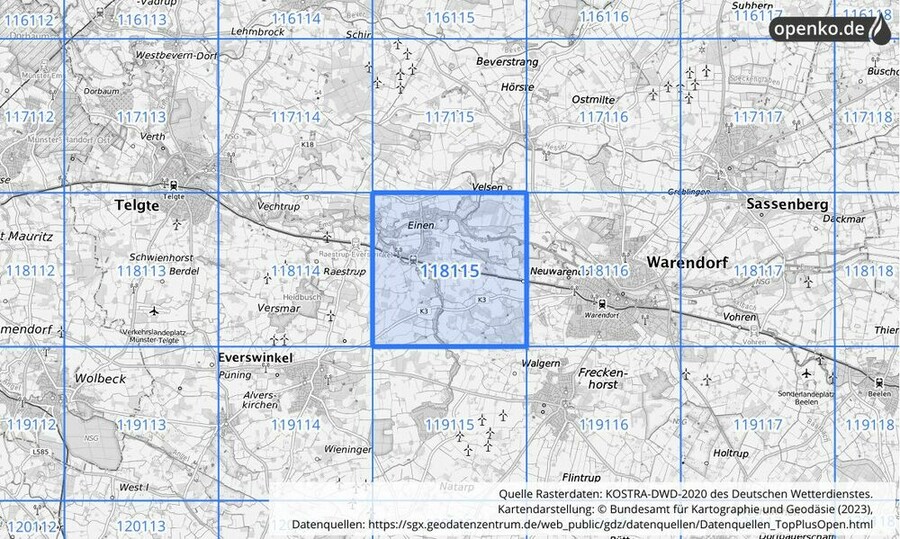 Übersichtskarte des KOSTRA-DWD-2020-Rasterfeldes Nr. 118115