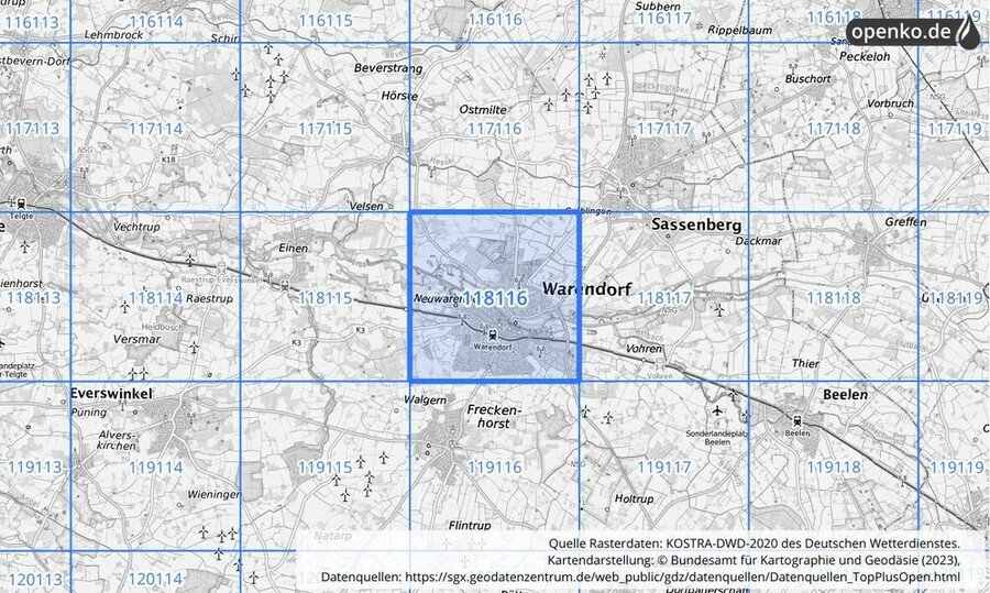 Übersichtskarte des KOSTRA-DWD-2020-Rasterfeldes Nr. 118116