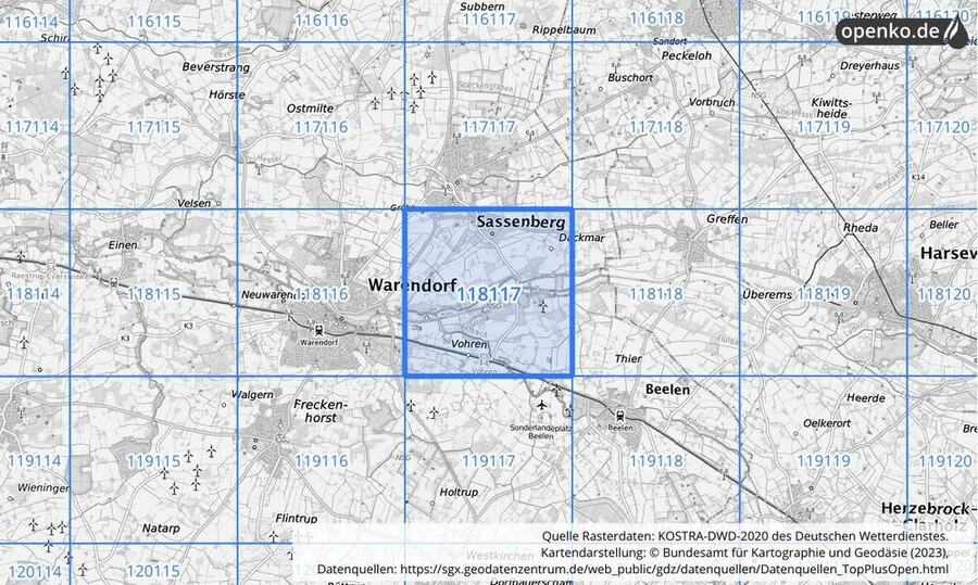 Übersichtskarte des KOSTRA-DWD-2020-Rasterfeldes Nr. 118117