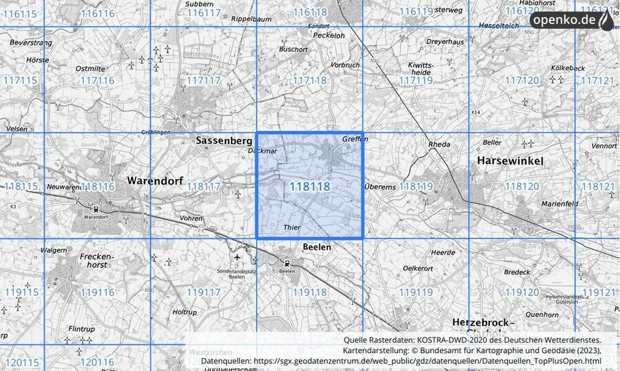 Übersichtskarte des KOSTRA-DWD-2020-Rasterfeldes Nr. 118118