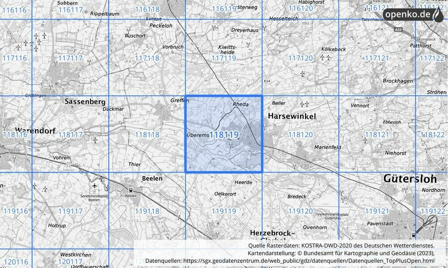 Übersichtskarte des KOSTRA-DWD-2020-Rasterfeldes Nr. 118119