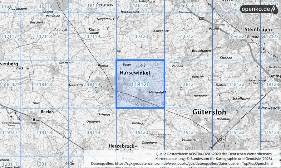 Übersichtskarte des KOSTRA-DWD-2020-Rasterfeldes Nr. 118120