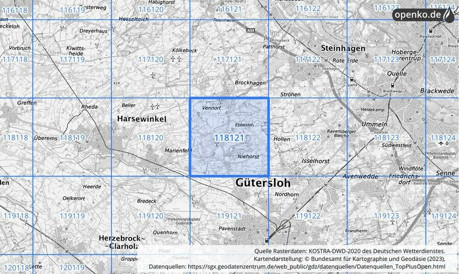 Übersichtskarte des KOSTRA-DWD-2020-Rasterfeldes Nr. 118121