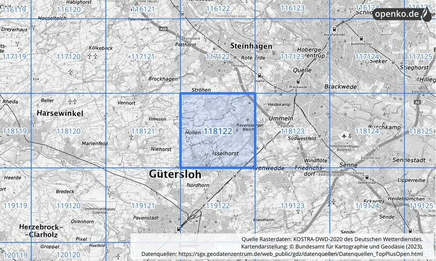 Übersichtskarte des KOSTRA-DWD-2020-Rasterfeldes Nr. 118122