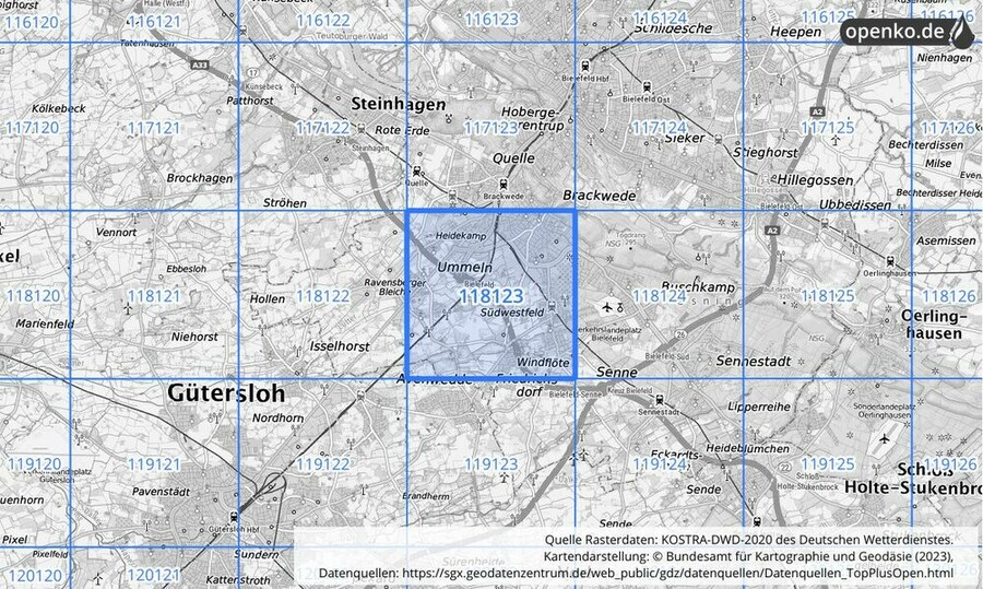 Übersichtskarte des KOSTRA-DWD-2020-Rasterfeldes Nr. 118123