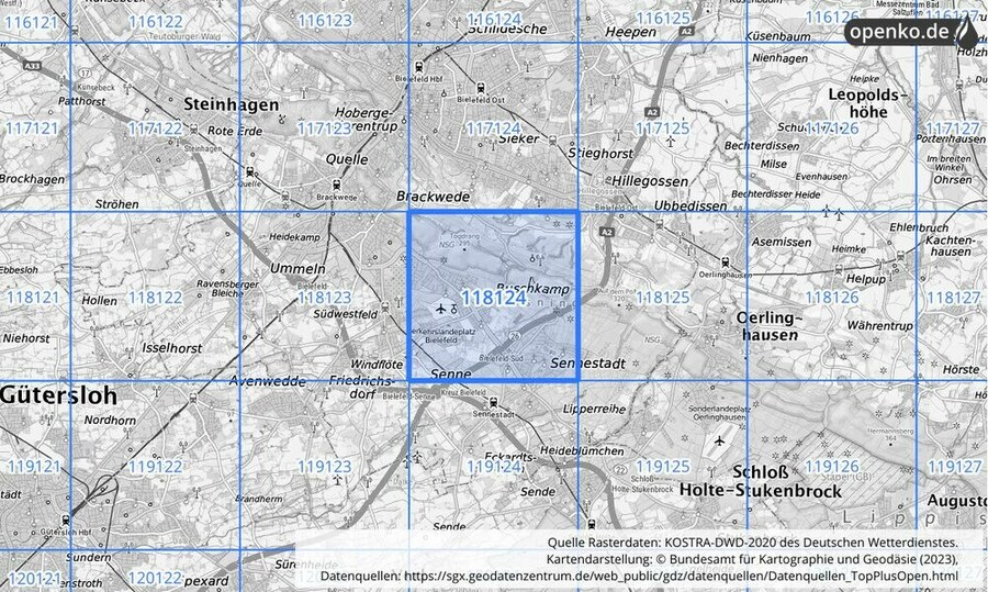 Übersichtskarte des KOSTRA-DWD-2020-Rasterfeldes Nr. 118124