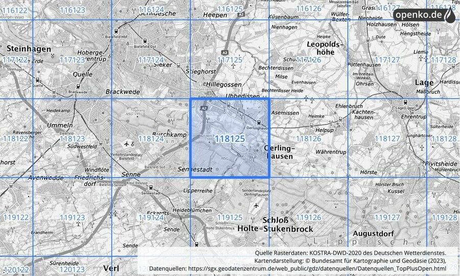 Übersichtskarte des KOSTRA-DWD-2020-Rasterfeldes Nr. 118125