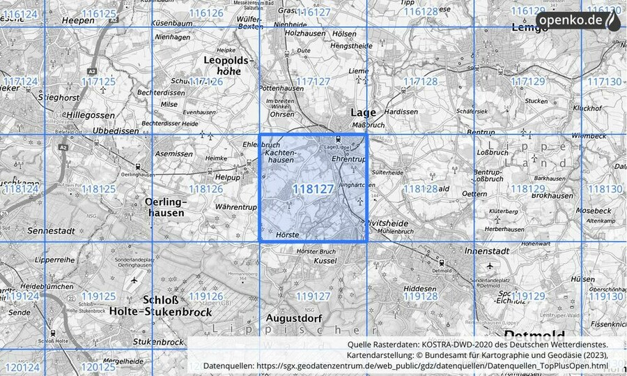 Übersichtskarte des KOSTRA-DWD-2020-Rasterfeldes Nr. 118127