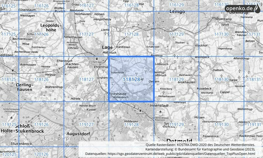 Übersichtskarte des KOSTRA-DWD-2020-Rasterfeldes Nr. 118128