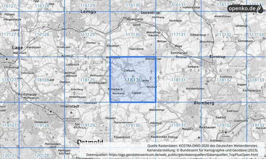 Übersichtskarte des KOSTRA-DWD-2020-Rasterfeldes Nr. 118130