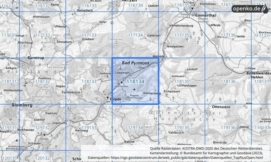 Übersichtskarte des KOSTRA-DWD-2020-Rasterfeldes Nr. 118134