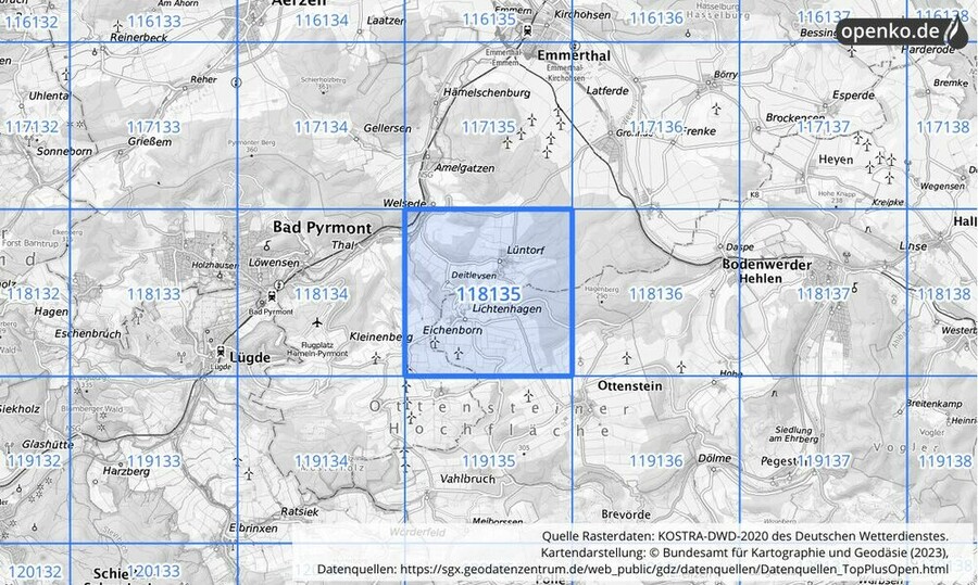 Übersichtskarte des KOSTRA-DWD-2020-Rasterfeldes Nr. 118135