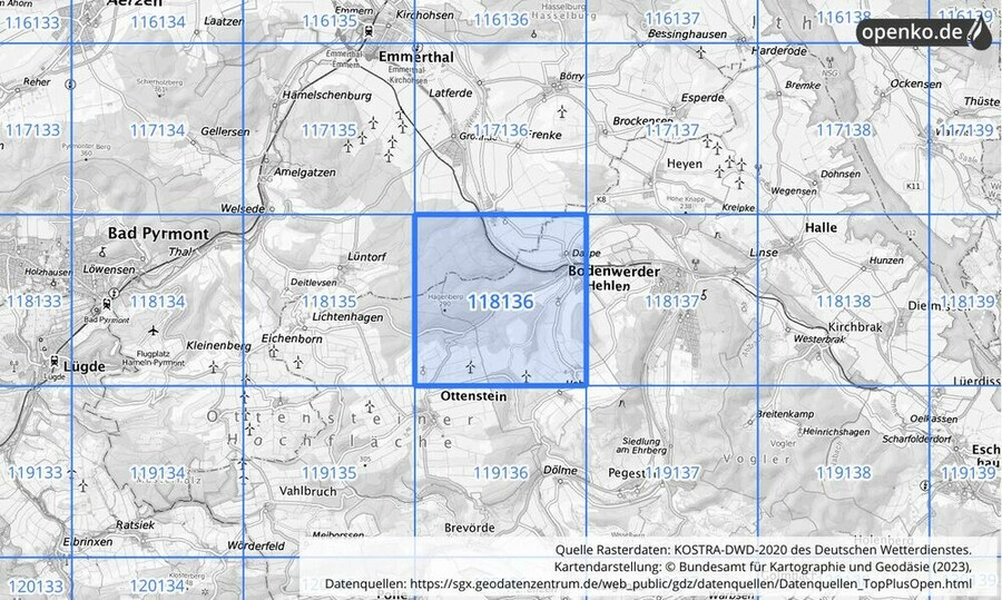 Übersichtskarte des KOSTRA-DWD-2020-Rasterfeldes Nr. 118136