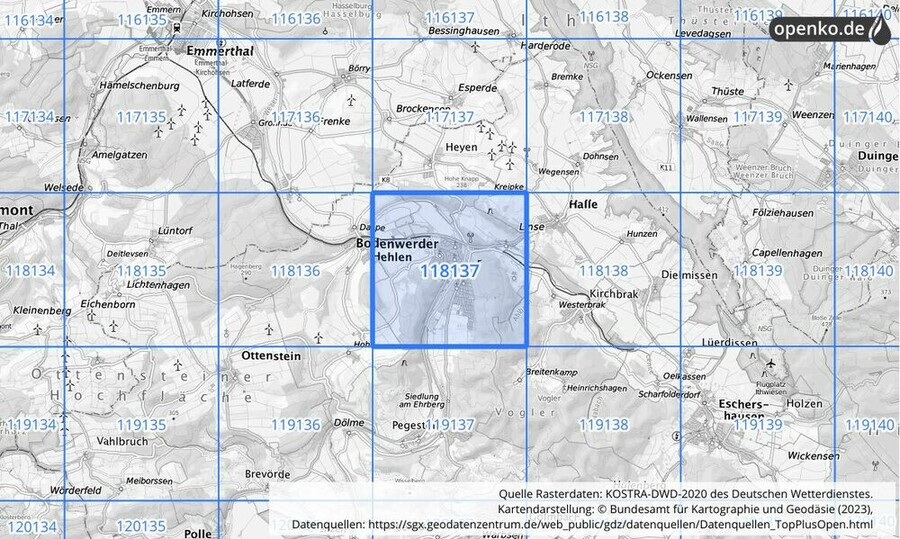 Übersichtskarte des KOSTRA-DWD-2020-Rasterfeldes Nr. 118137