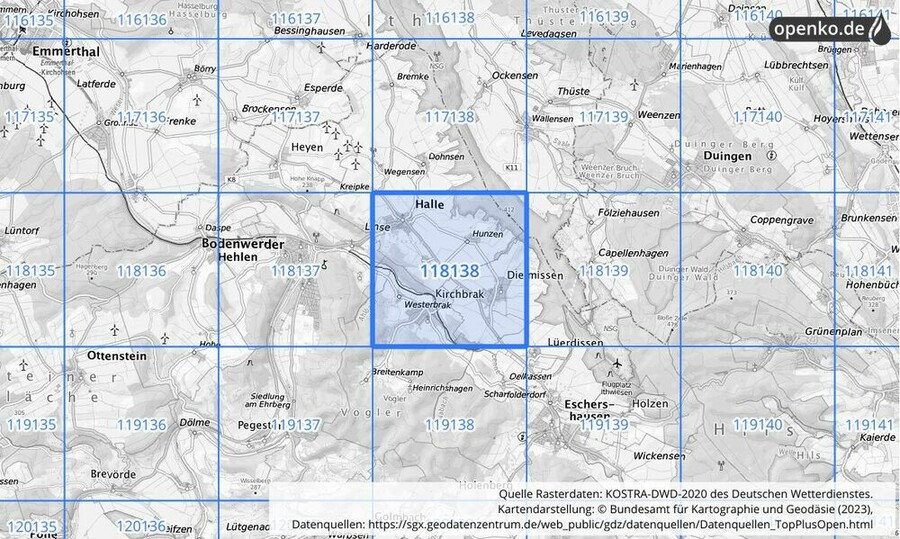 Übersichtskarte des KOSTRA-DWD-2020-Rasterfeldes Nr. 118138