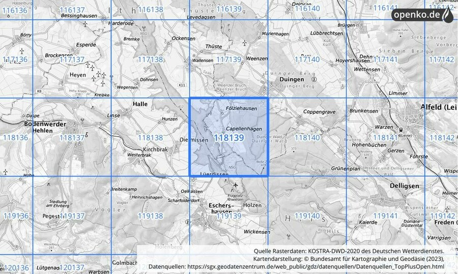 Übersichtskarte des KOSTRA-DWD-2020-Rasterfeldes Nr. 118139