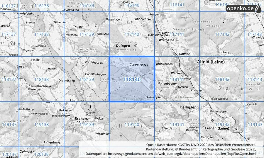 Übersichtskarte des KOSTRA-DWD-2020-Rasterfeldes Nr. 118140