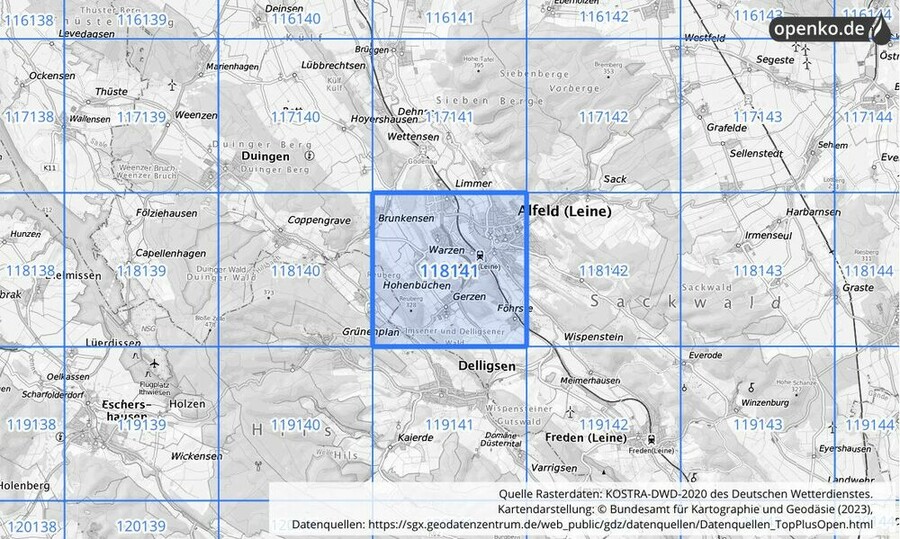 Übersichtskarte des KOSTRA-DWD-2020-Rasterfeldes Nr. 118141