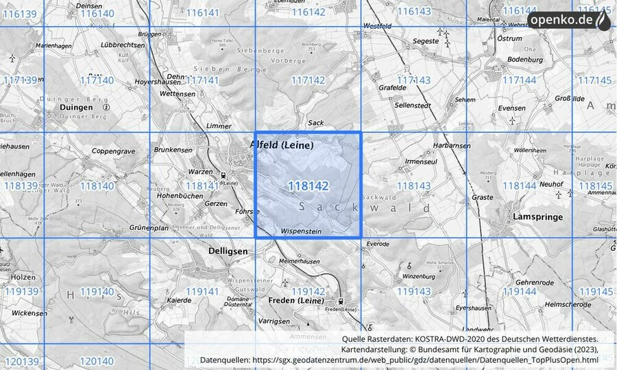 Übersichtskarte des KOSTRA-DWD-2020-Rasterfeldes Nr. 118142