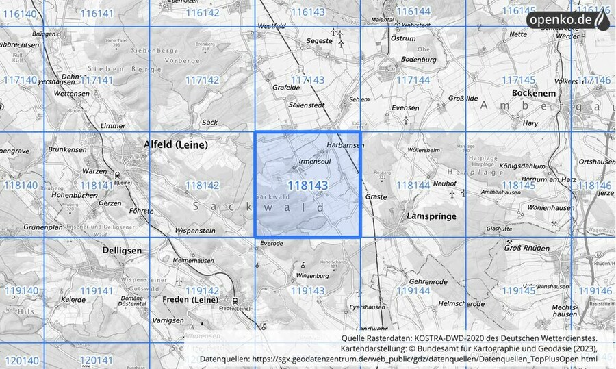 Übersichtskarte des KOSTRA-DWD-2020-Rasterfeldes Nr. 118143