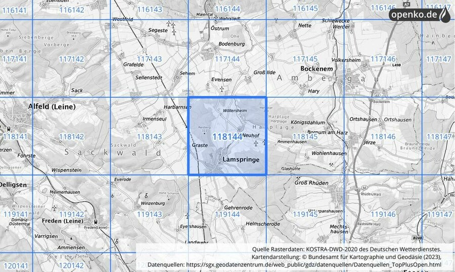 Übersichtskarte des KOSTRA-DWD-2020-Rasterfeldes Nr. 118144