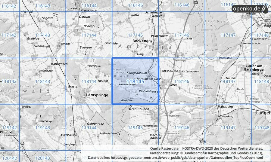 Übersichtskarte des KOSTRA-DWD-2020-Rasterfeldes Nr. 118145