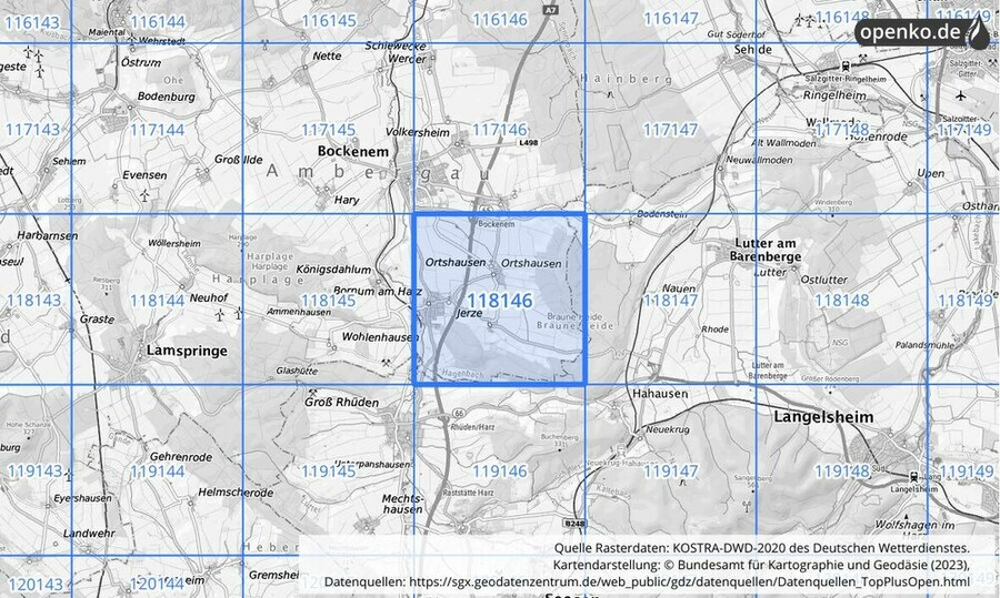 Übersichtskarte des KOSTRA-DWD-2020-Rasterfeldes Nr. 118146