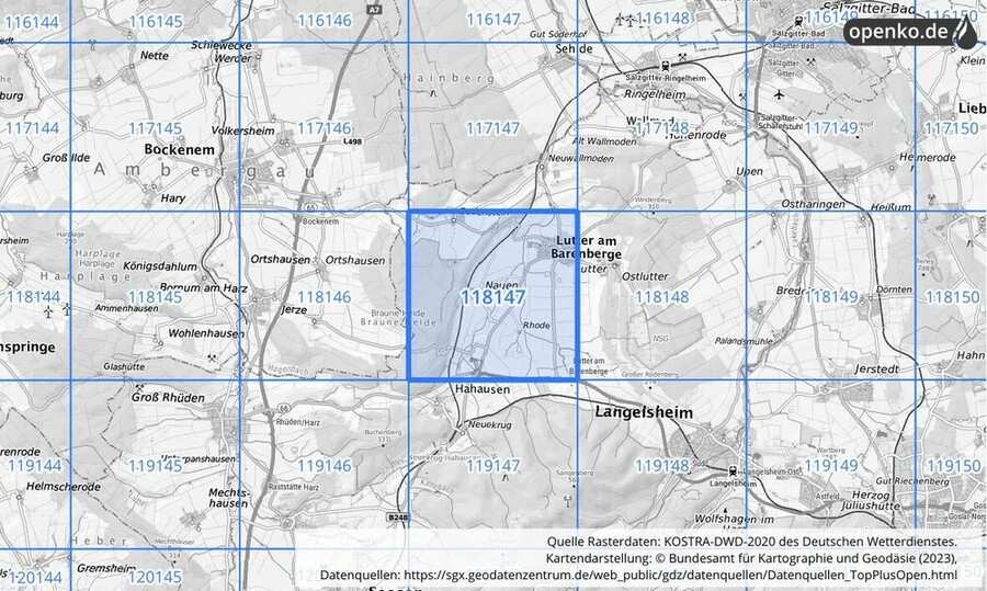 Übersichtskarte des KOSTRA-DWD-2020-Rasterfeldes Nr. 118147