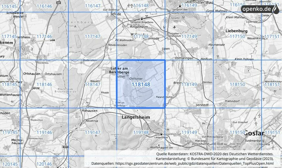 Übersichtskarte des KOSTRA-DWD-2020-Rasterfeldes Nr. 118148