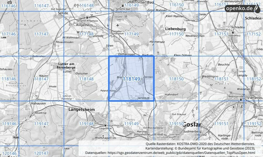 Übersichtskarte des KOSTRA-DWD-2020-Rasterfeldes Nr. 118149