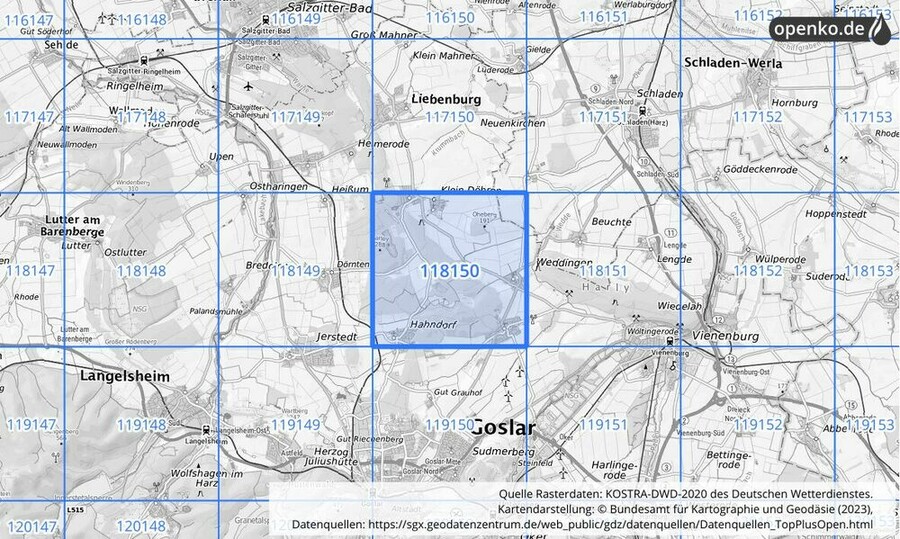 Übersichtskarte des KOSTRA-DWD-2020-Rasterfeldes Nr. 118150