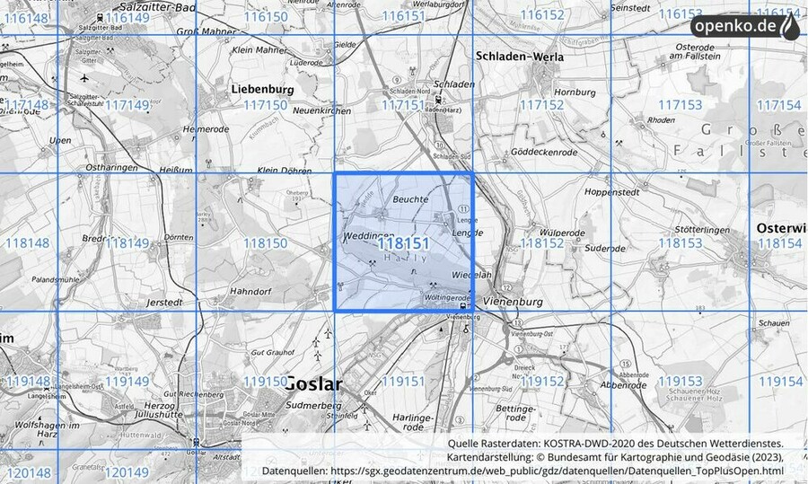 Übersichtskarte des KOSTRA-DWD-2020-Rasterfeldes Nr. 118151