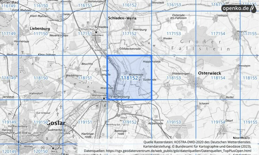 Übersichtskarte des KOSTRA-DWD-2020-Rasterfeldes Nr. 118152