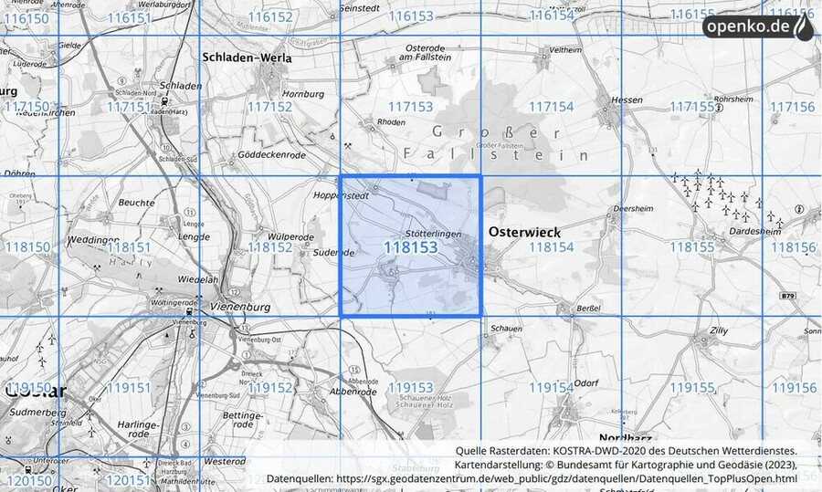 Übersichtskarte des KOSTRA-DWD-2020-Rasterfeldes Nr. 118153