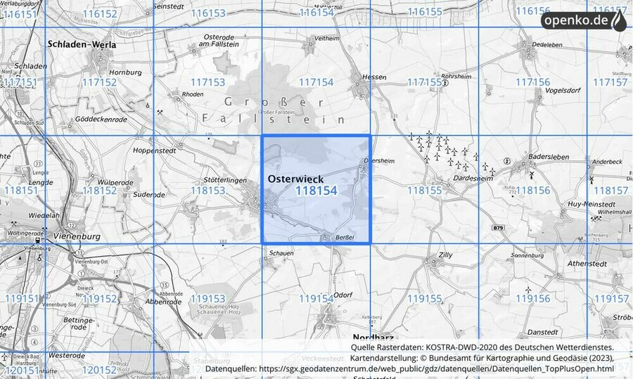 Übersichtskarte des KOSTRA-DWD-2020-Rasterfeldes Nr. 118154