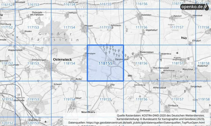 Übersichtskarte des KOSTRA-DWD-2020-Rasterfeldes Nr. 118155