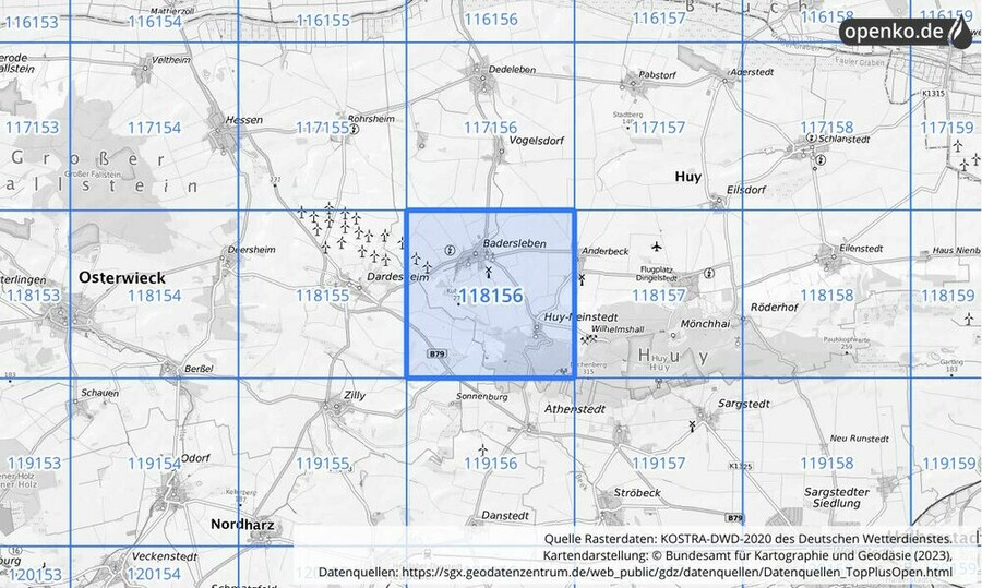 Übersichtskarte des KOSTRA-DWD-2020-Rasterfeldes Nr. 118156