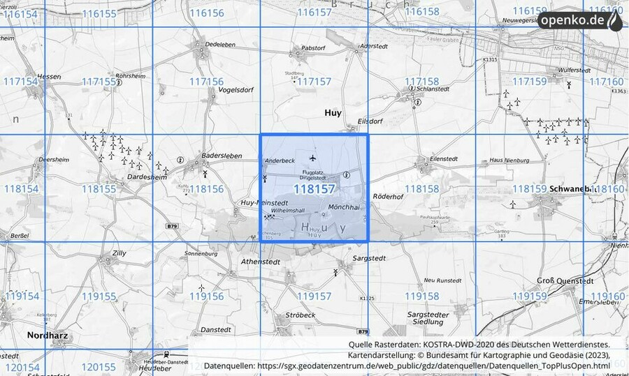 Übersichtskarte des KOSTRA-DWD-2020-Rasterfeldes Nr. 118157