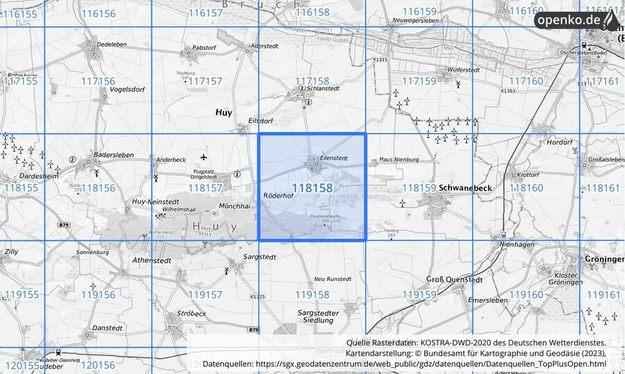 Übersichtskarte des KOSTRA-DWD-2020-Rasterfeldes Nr. 118158