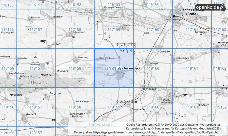 Übersichtskarte des KOSTRA-DWD-2020-Rasterfeldes Nr. 118159