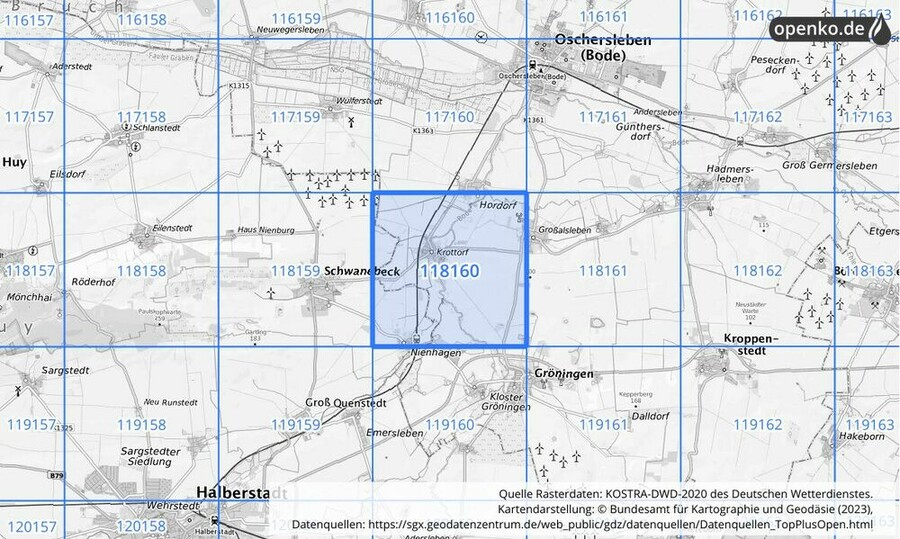 Übersichtskarte des KOSTRA-DWD-2020-Rasterfeldes Nr. 118160