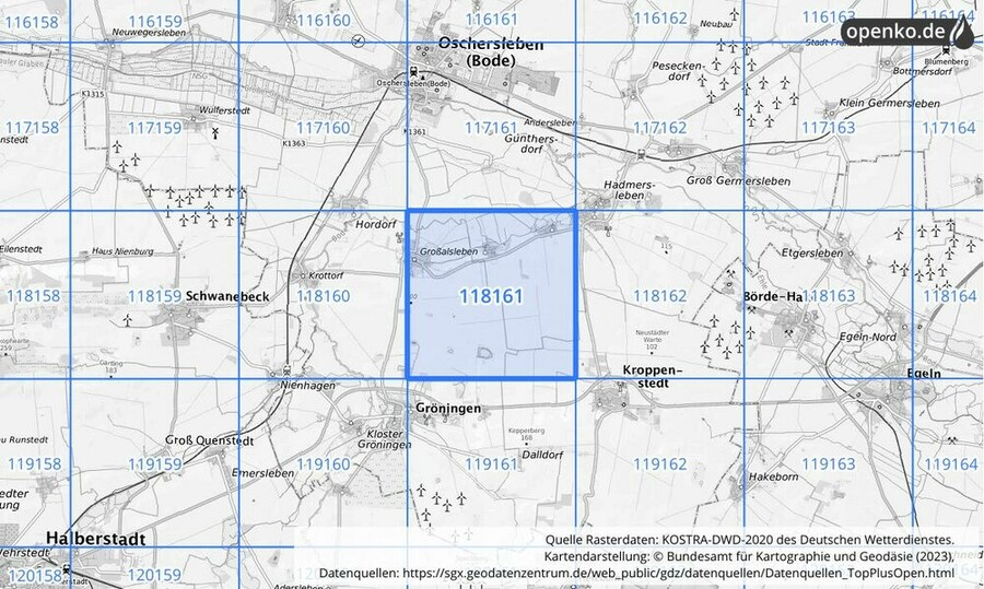 Übersichtskarte des KOSTRA-DWD-2020-Rasterfeldes Nr. 118161